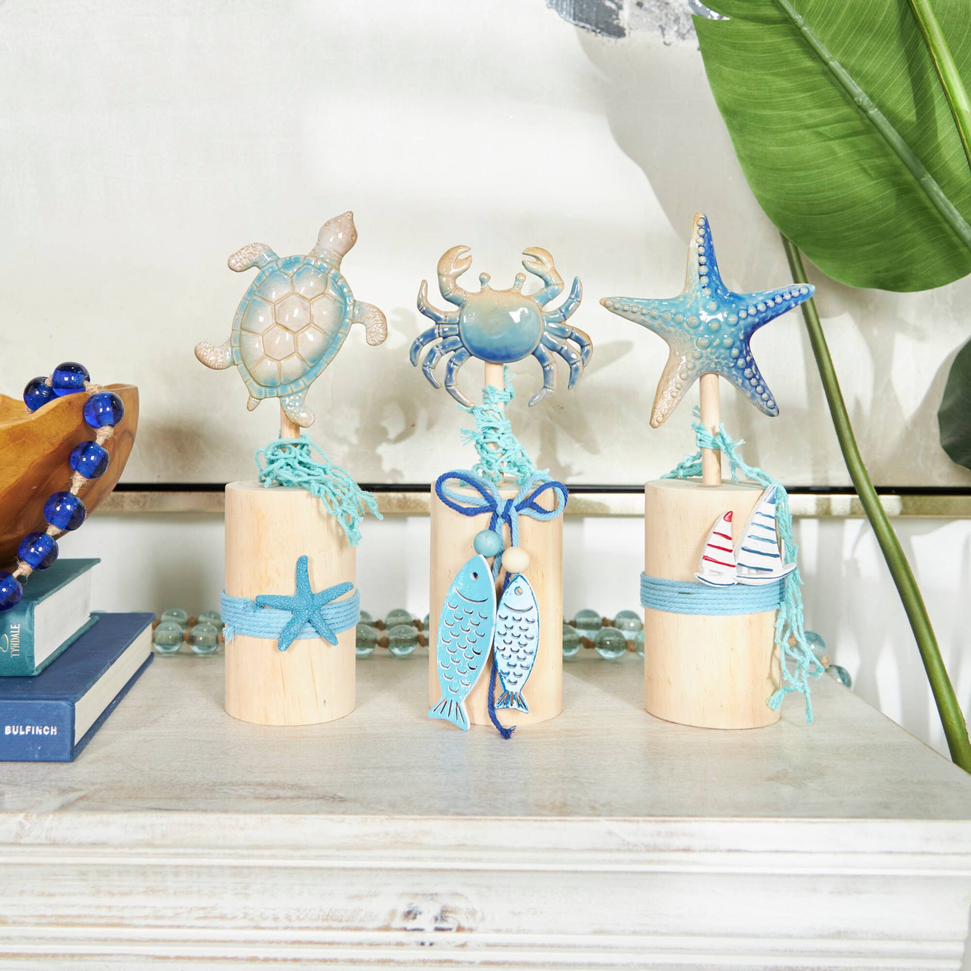 11" Blue Ceramic Sea Life Ombre Sculpture Set